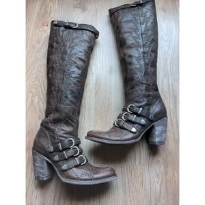Old Gringo Roxy Studded Buckle Tall Heeled Western Boots 18" Women 6.5 Chocolate